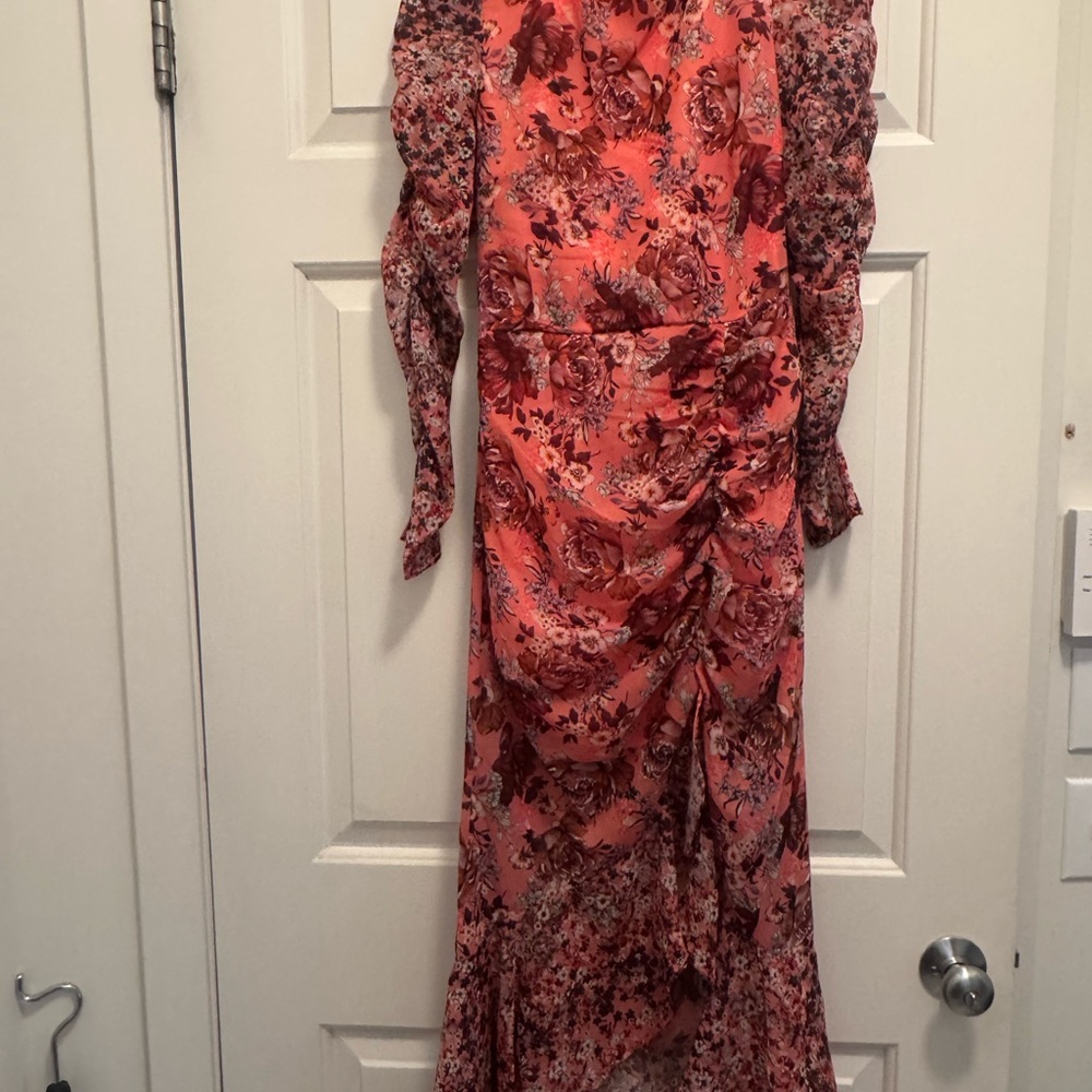 NSR Red Pink Floral Long Sleeve Dress Open Back with Bow